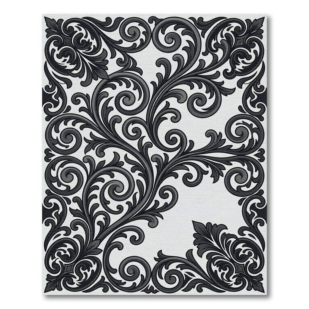 Monochrome Black Scrollwork Ornamental Flourish Rug