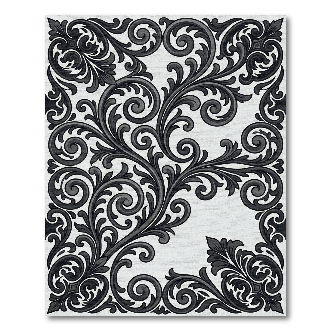 Monochrome Black Scrollwork Ornamental Flourish Rug