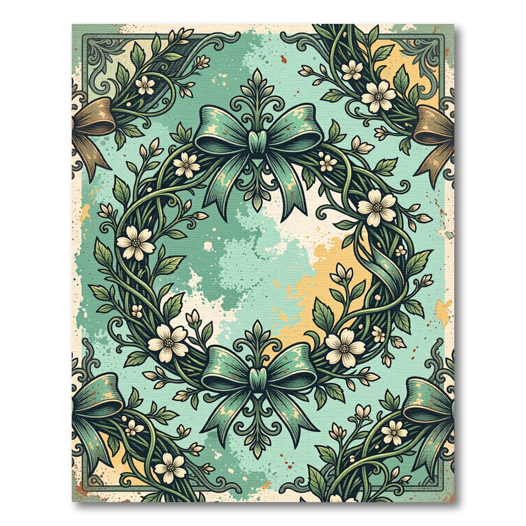 Vintage Sage Floral Wreath Bows Rug