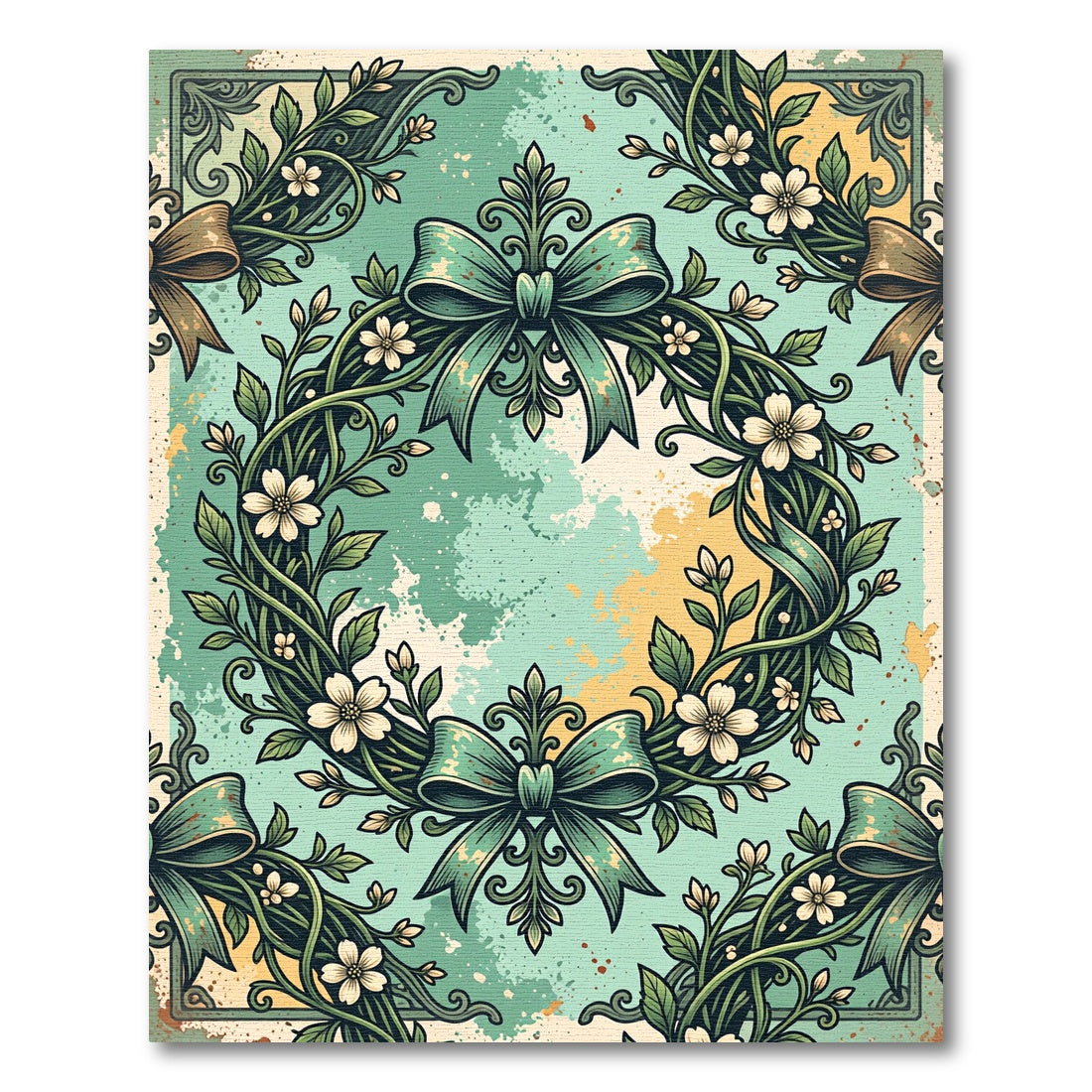 Vintage Sage Floral Wreath Bows Rug