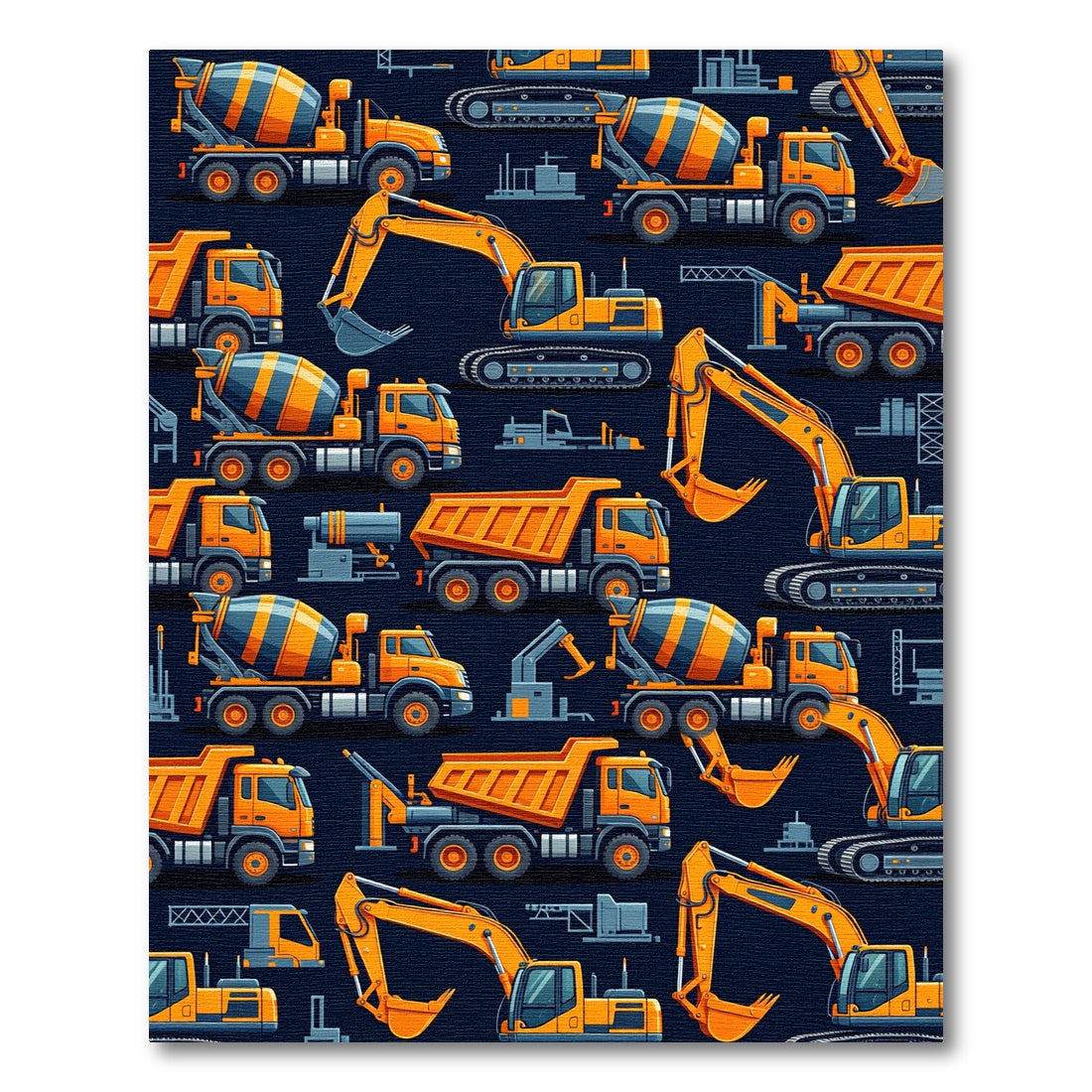 Vibrant Orange Construction Vehicle Fleet Rug