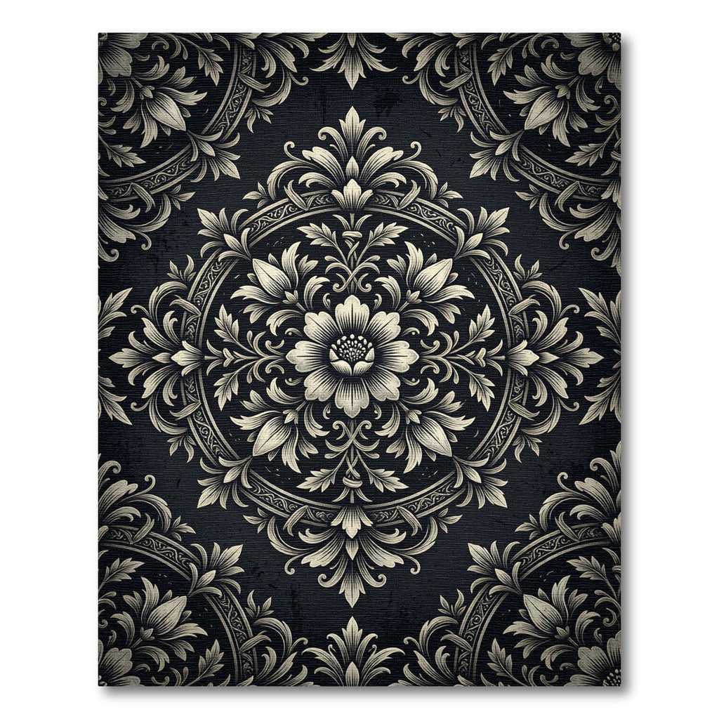 Elegant Charcoal Cream Floral Medallion Rug