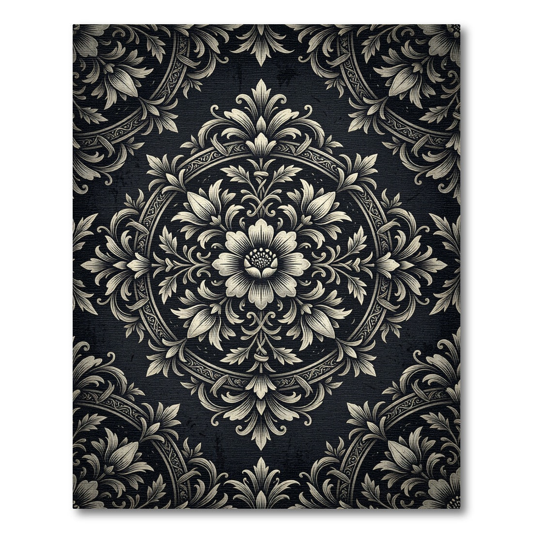 Elegant Charcoal Cream Floral Medallion Rug