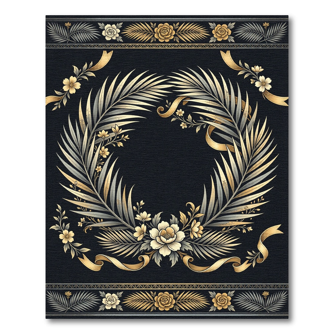 Elegant Gold Palm Frond Floral Frame Rug