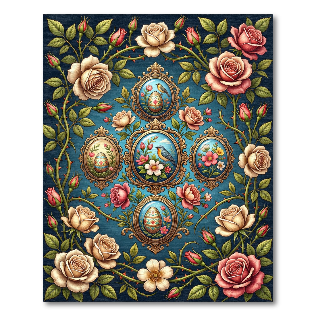 Vintage Rose Floral Bird Egg Art Rug