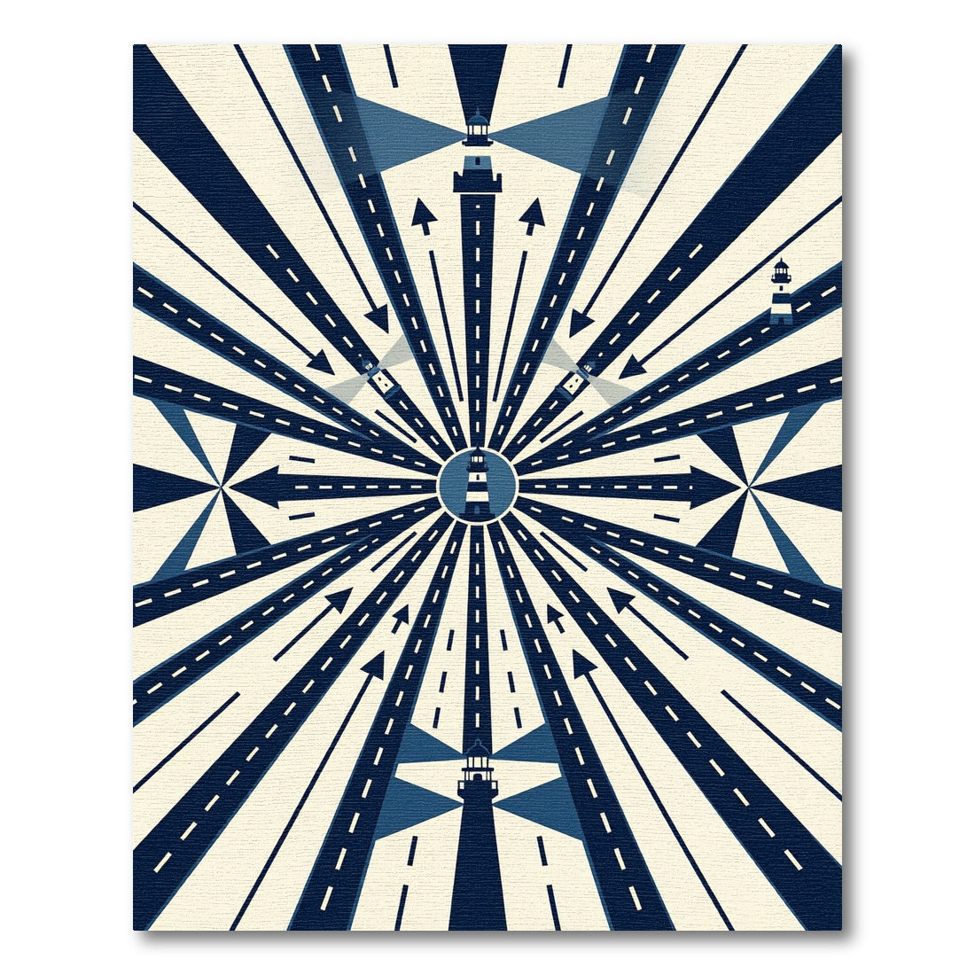 Geometric Navy Lighthouses Radial Ray Rug