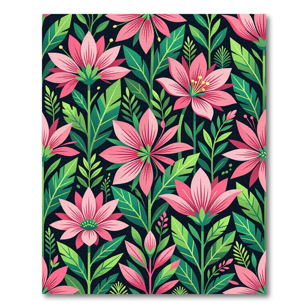 Vibrant Pink Floral Tropical Foliage Art Rug