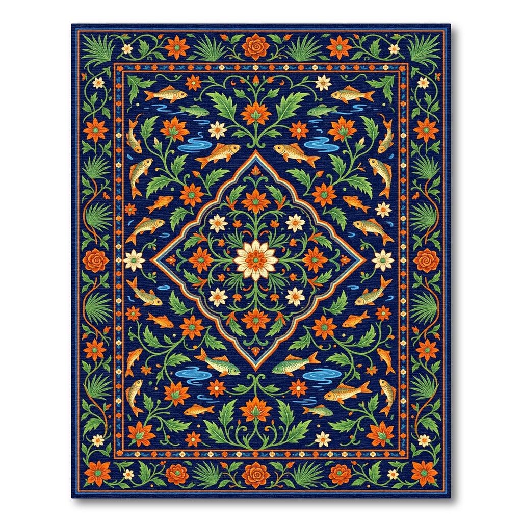 Vibrant Navy Floral Koi Medallion Rug