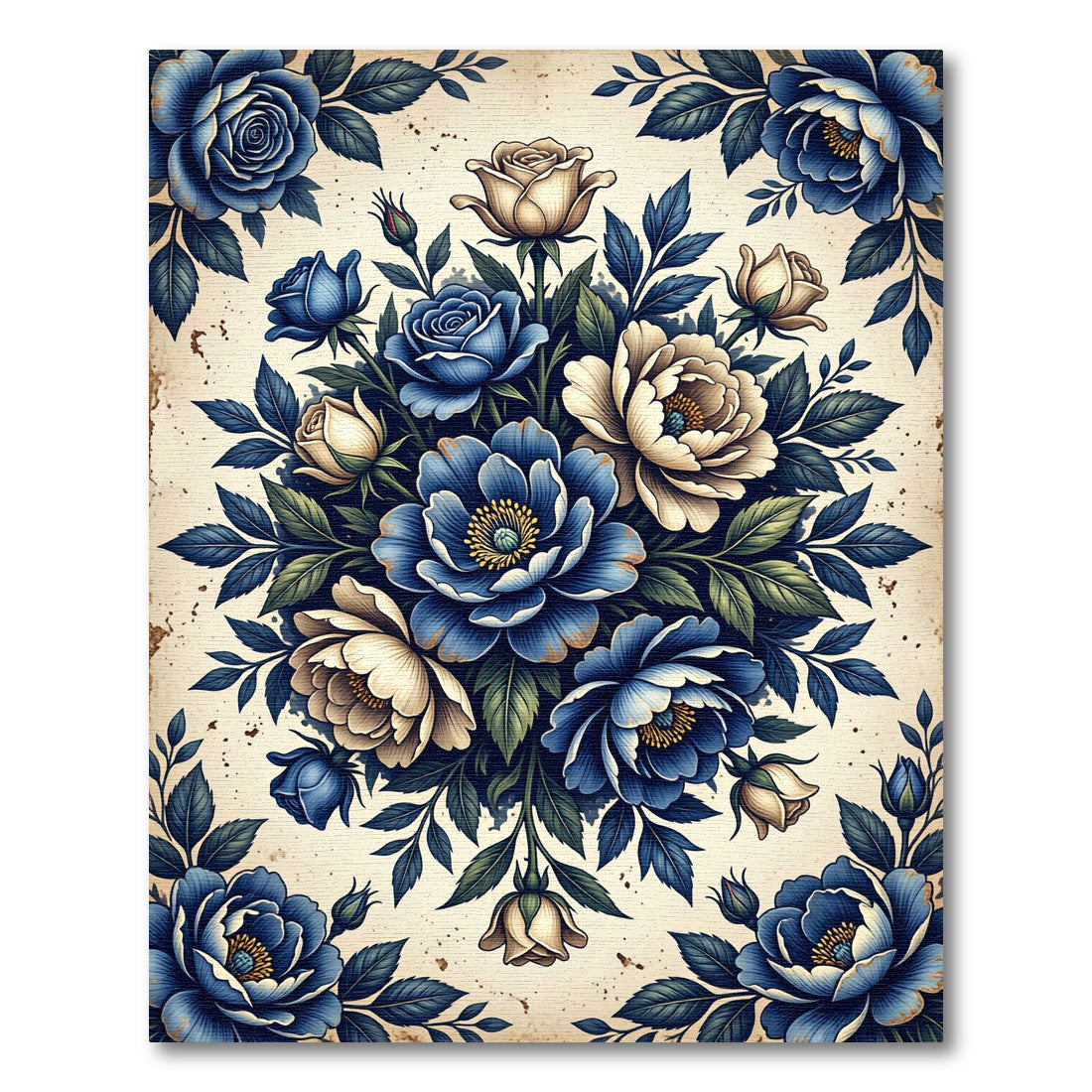 Classic Blue Cream Rose Bouquet Rug