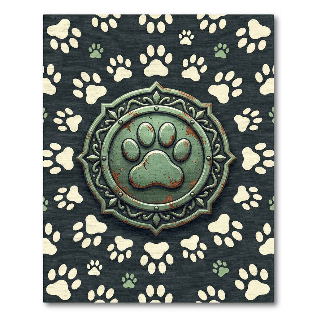Rustic Green Paw Emblem Medallion Rug
