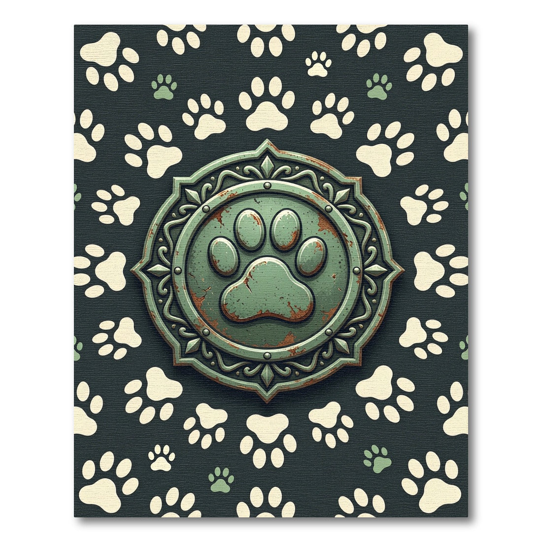 Rustic Green Paw Emblem Medallion Rug