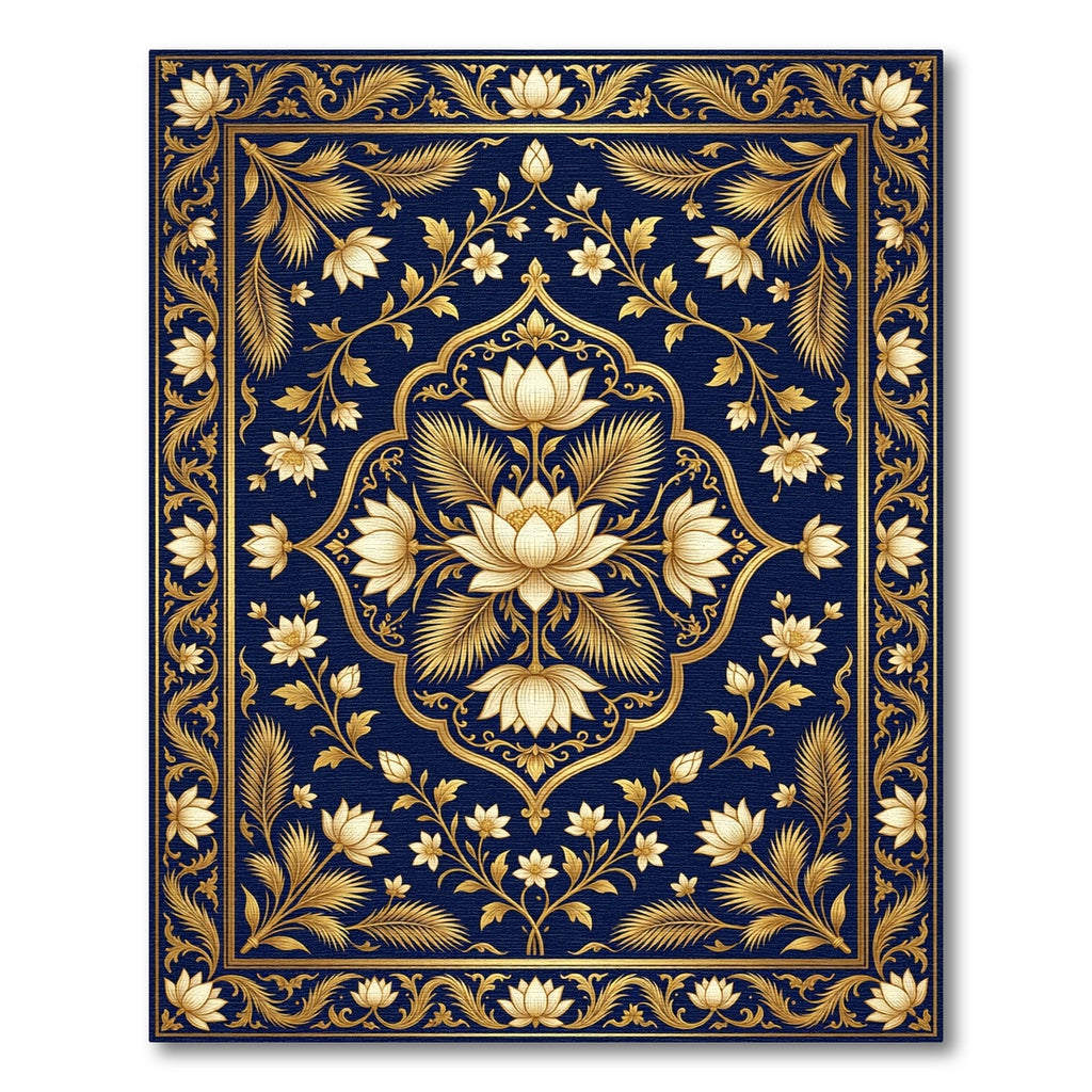 Golden Lotus Floral Royal Blue Medallion Rug