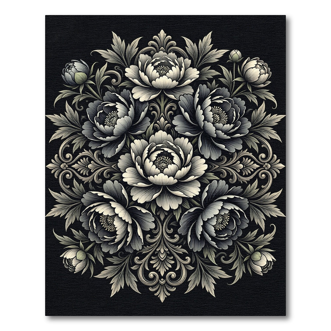 Monochromatic Floral Scroll Mandala Rug