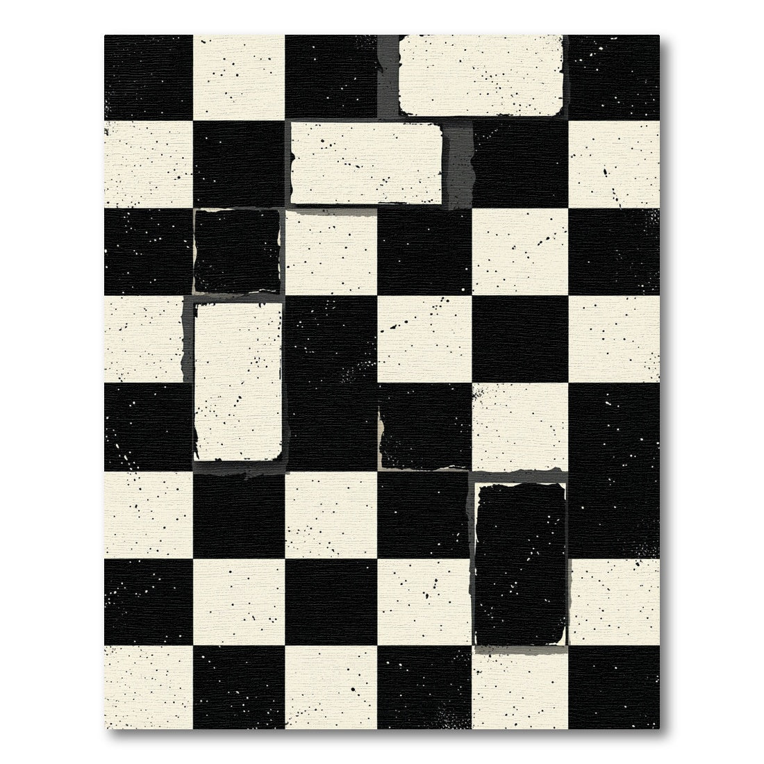 Black White Distressed Checkerboard Splatter Rug