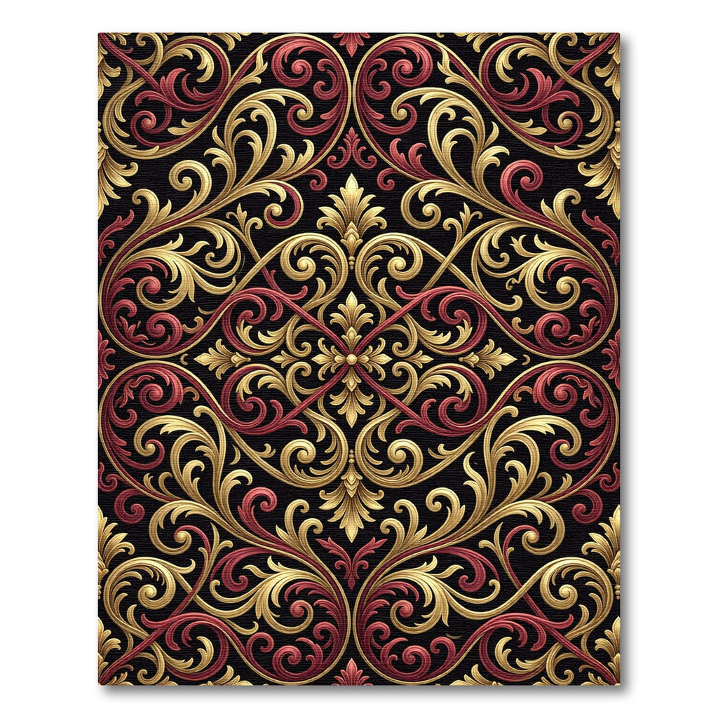 Gold and Crimson Baroque Scrollwork Rug