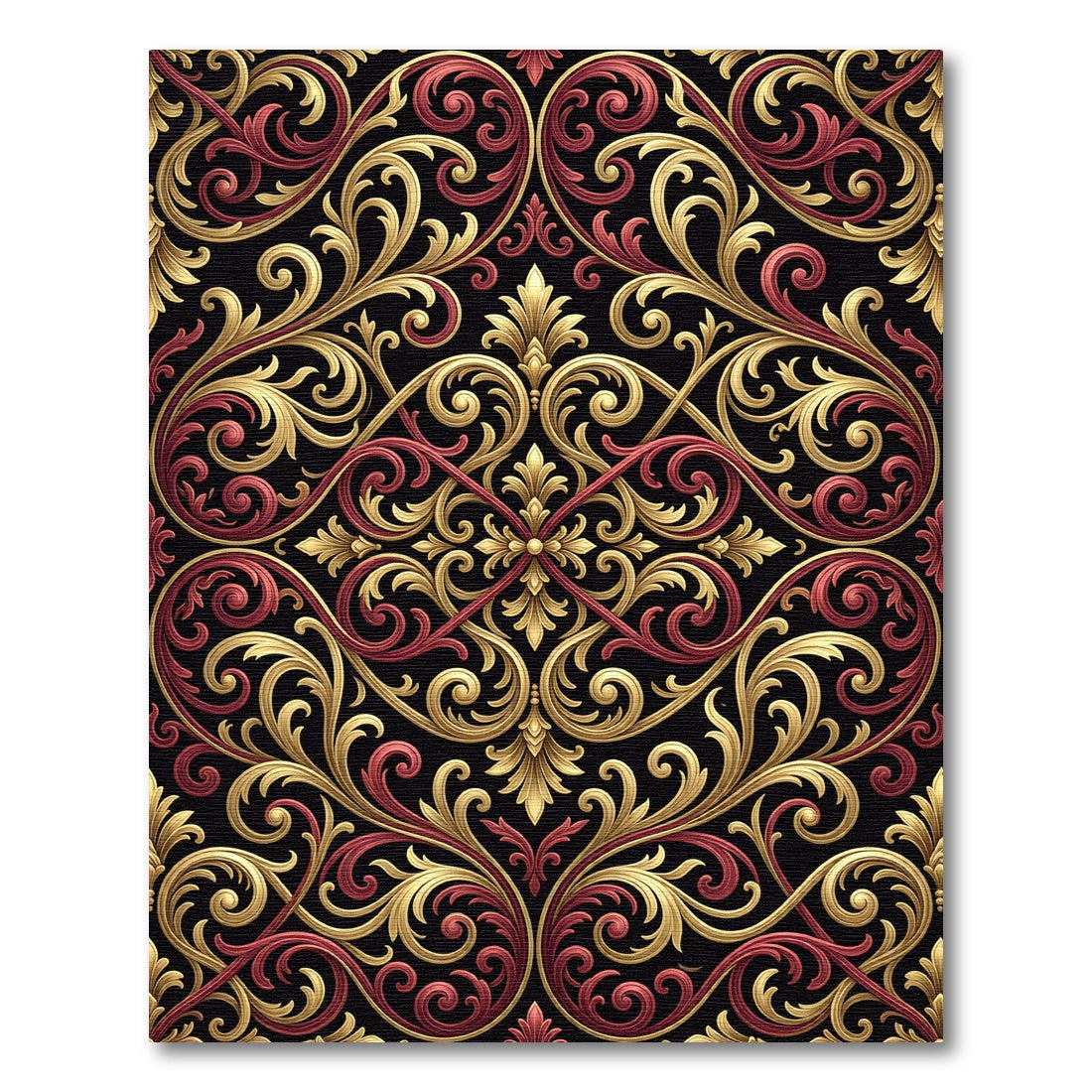 Gold and Crimson Baroque Scrollwork Rug
