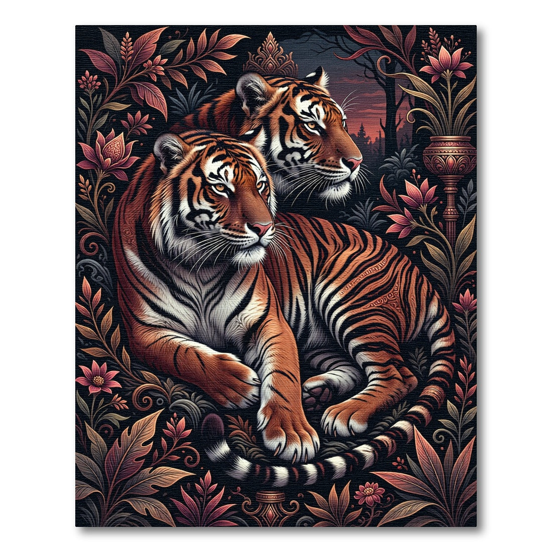 Majestic Tigers Amidst Floral Jungle Rug