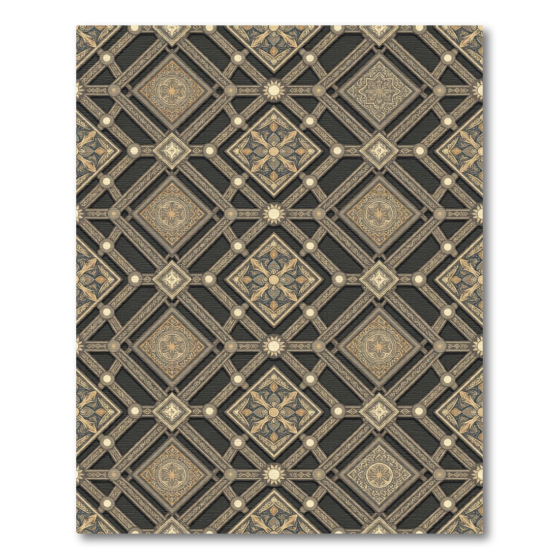 Ornate Gold Geometric Trellis Tile Rug