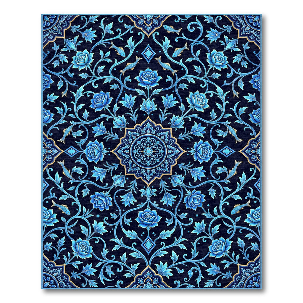Deep Blue Floral Fish Mandala Rug
