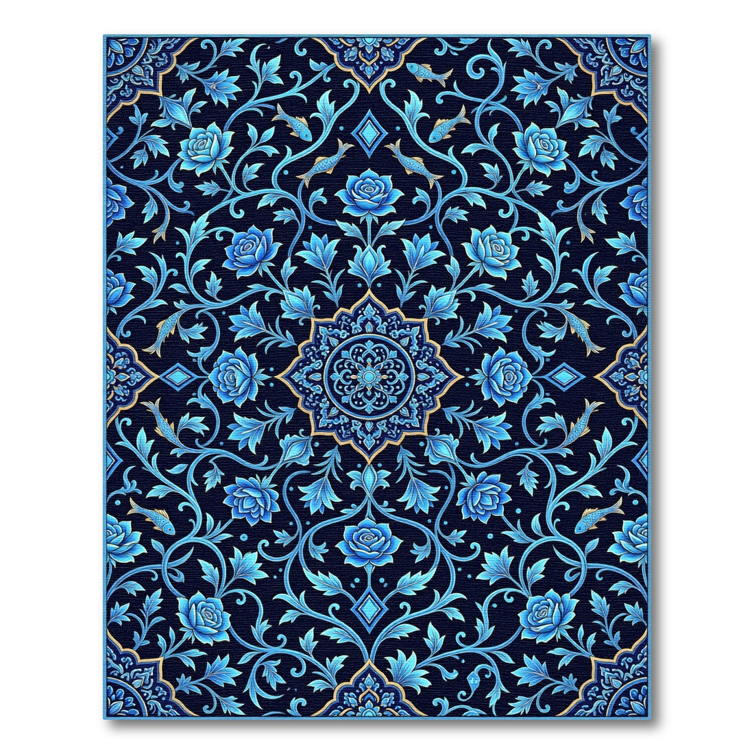 Deep Blue Floral Fish Mandala Rug