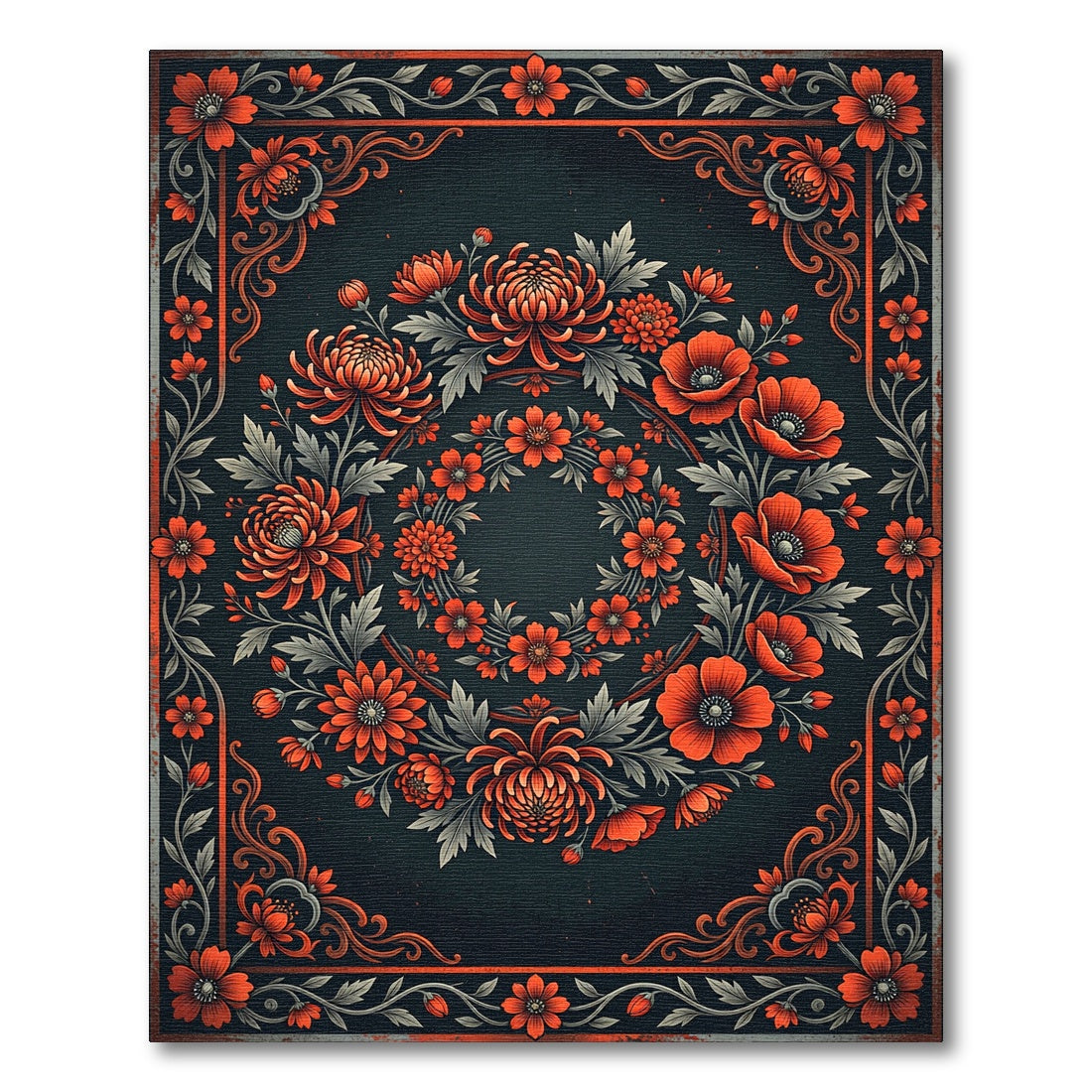 Elegant Crimson Floral Wreath Art Rug