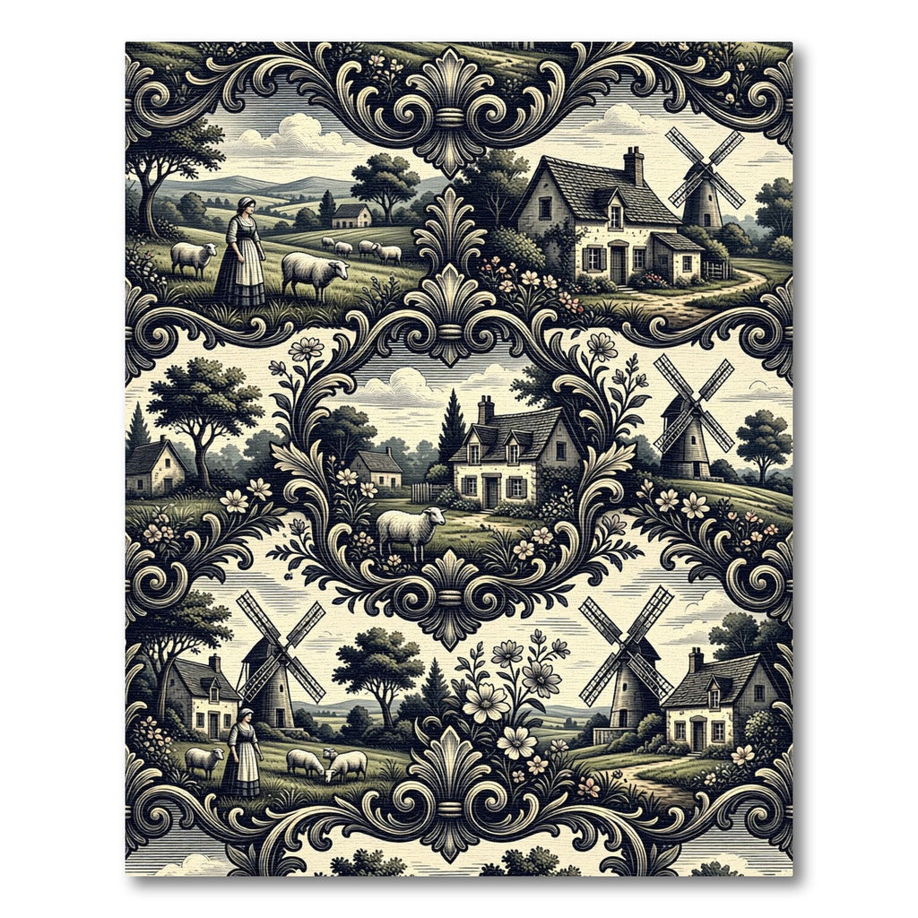 Pastoral Village Scene Ornamental Scroll Rug