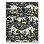 Pastoral Village Scene Ornamental Scroll Rug