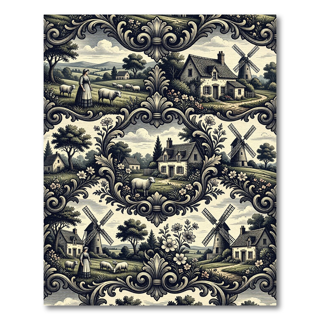 Pastoral Village Scene Ornamental Scroll Rug