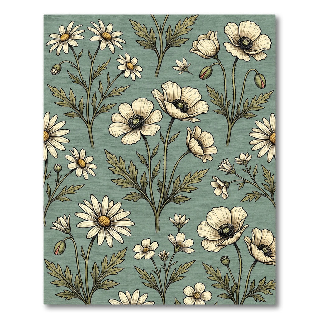 Soft Sage Botanical Poppy Daisy Field Rug