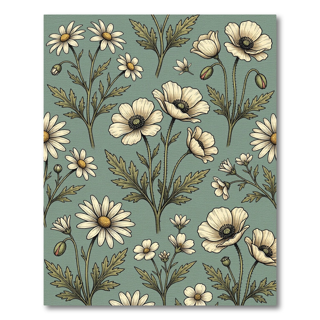 Soft Sage Botanical Poppy Daisy Field Rug