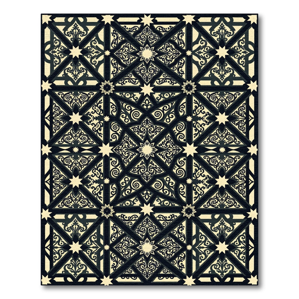 Ornate Beige Black Geometric Star Medallion Rug