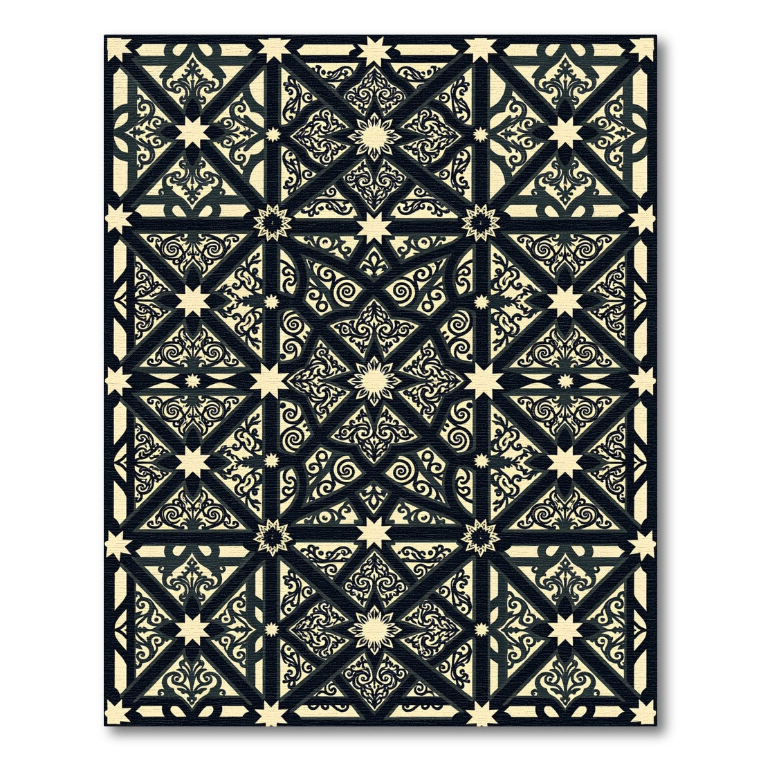 Ornate Beige Black Geometric Star Medallion Rug