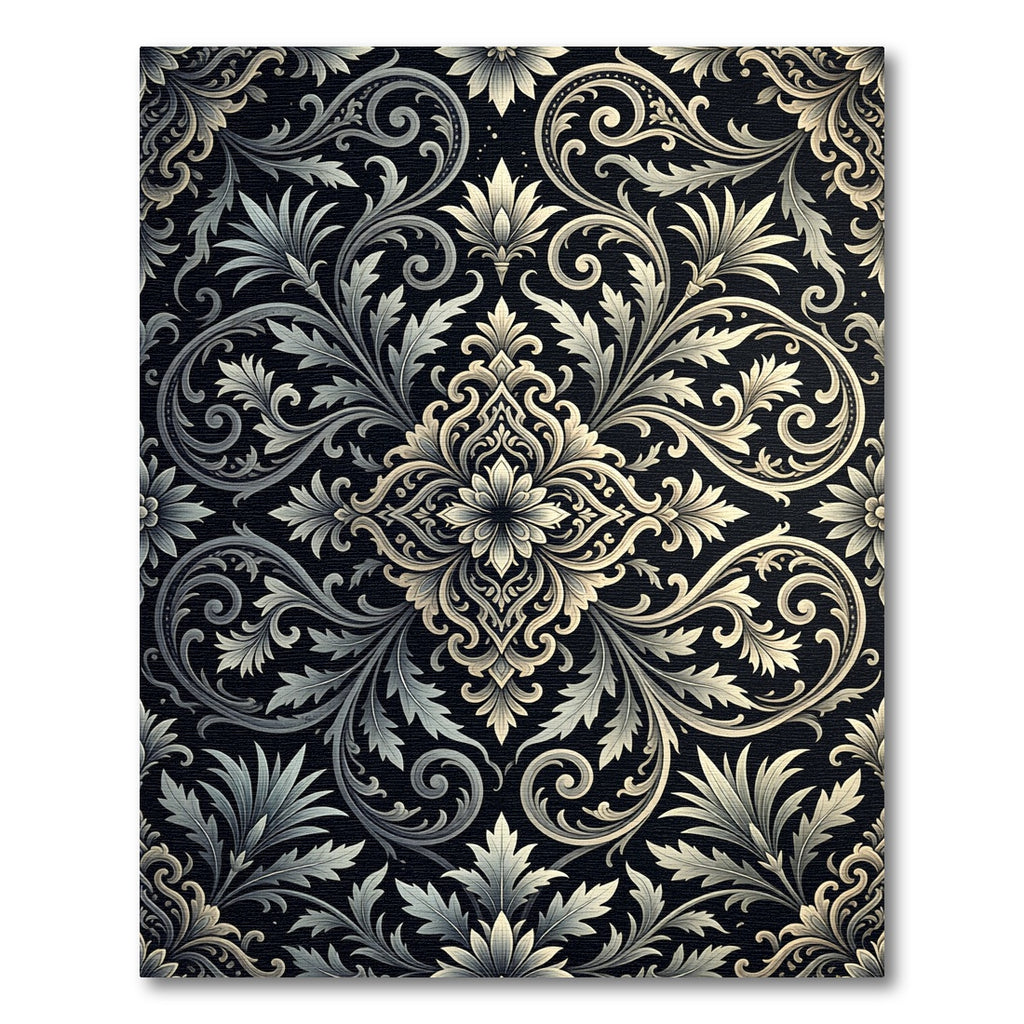 Ornate Black Floral Scroll Rug