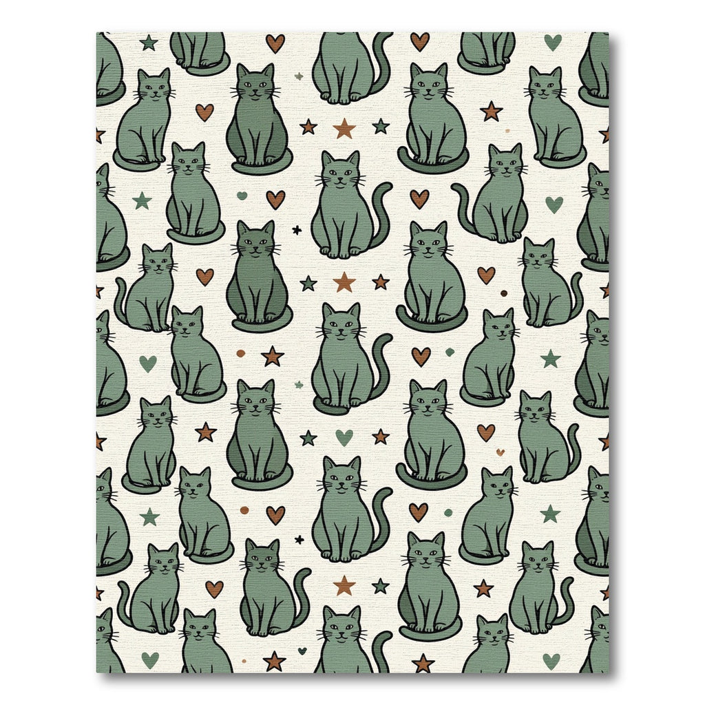 Sage Green Whimsical Cat Star Heart Rug