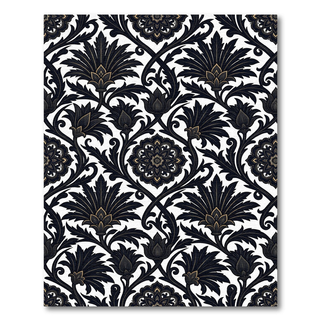 Black Gold Floral Damask Art Rug