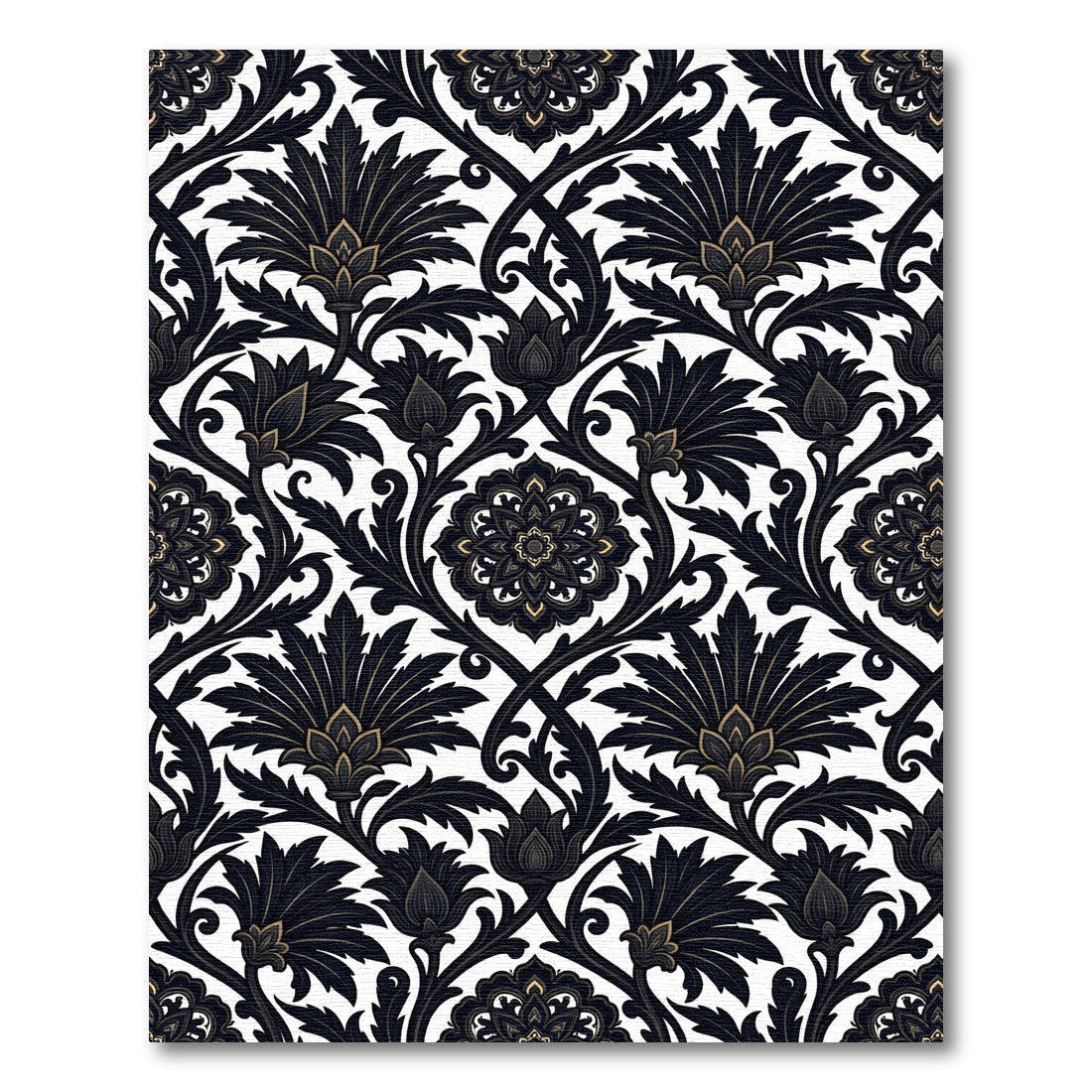 Black Gold Floral Damask Art Rug