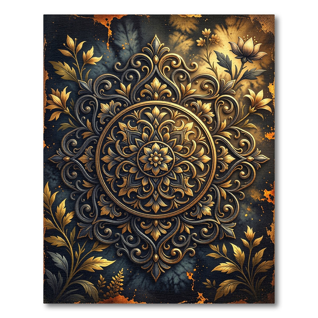 Ornate Gold and Black Floral Mandala Rug