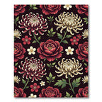 Dark Crimson Floral Chrysanthemum Botanical Arrangement Rug