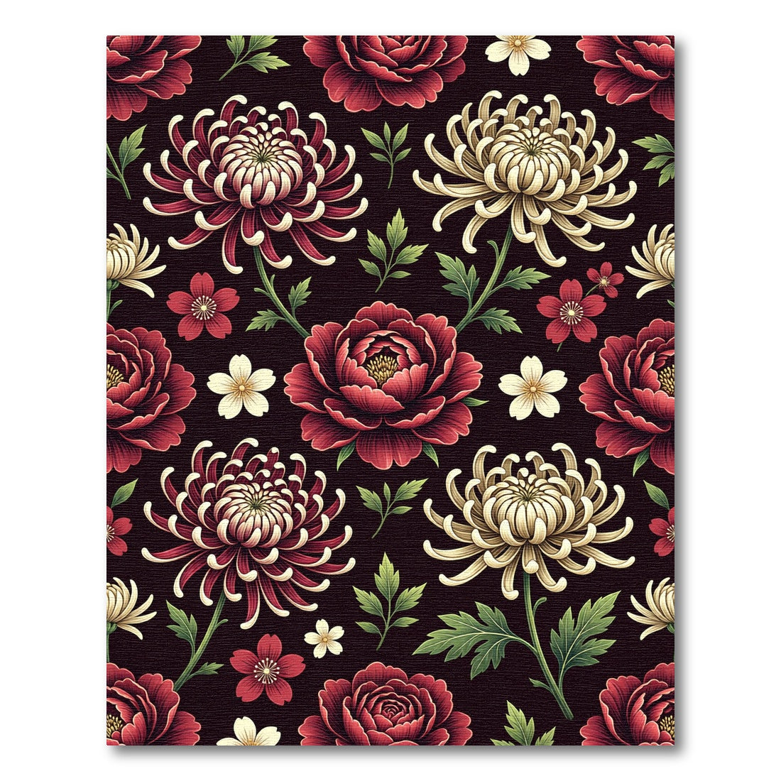Dark Crimson Floral Chrysanthemum Botanical Arrangement Rug