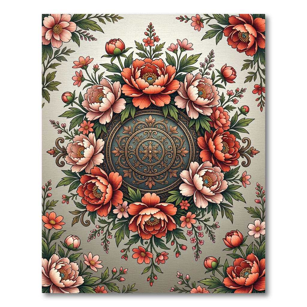 Ornate Floral Medallion with Coral Peonies Rug