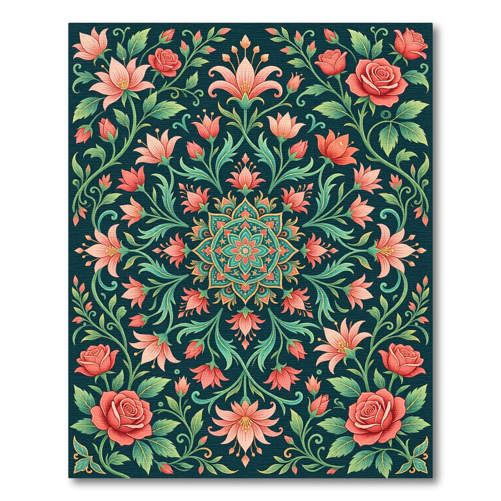 Floral Medallion Rose Garden Teal Area Rug