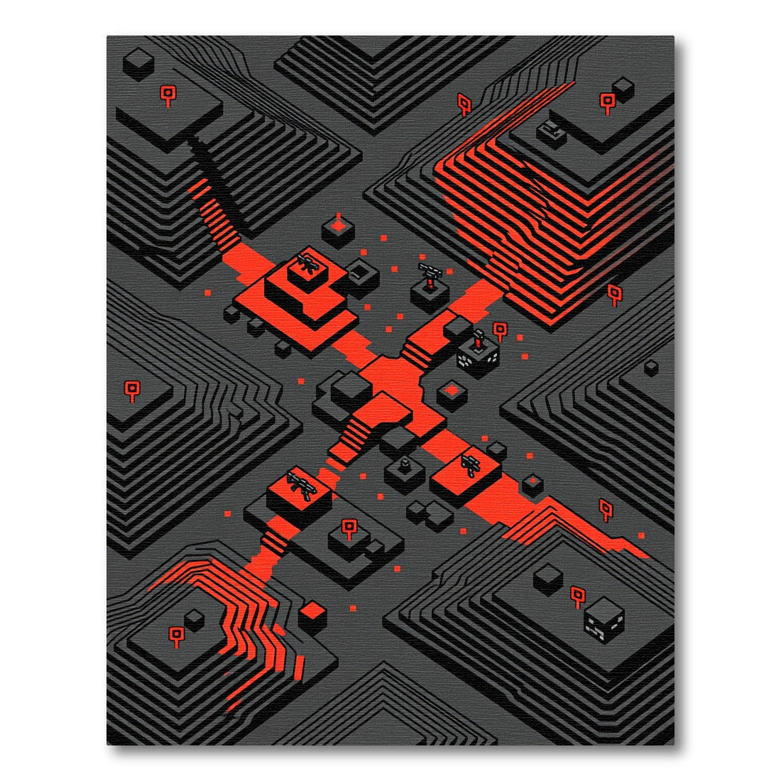 Geometric Cyberpunk Obsidian and Neon Red Rug