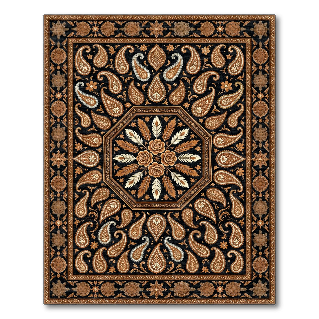 Black Paisley Floral Octagon Tortoise Border Rug