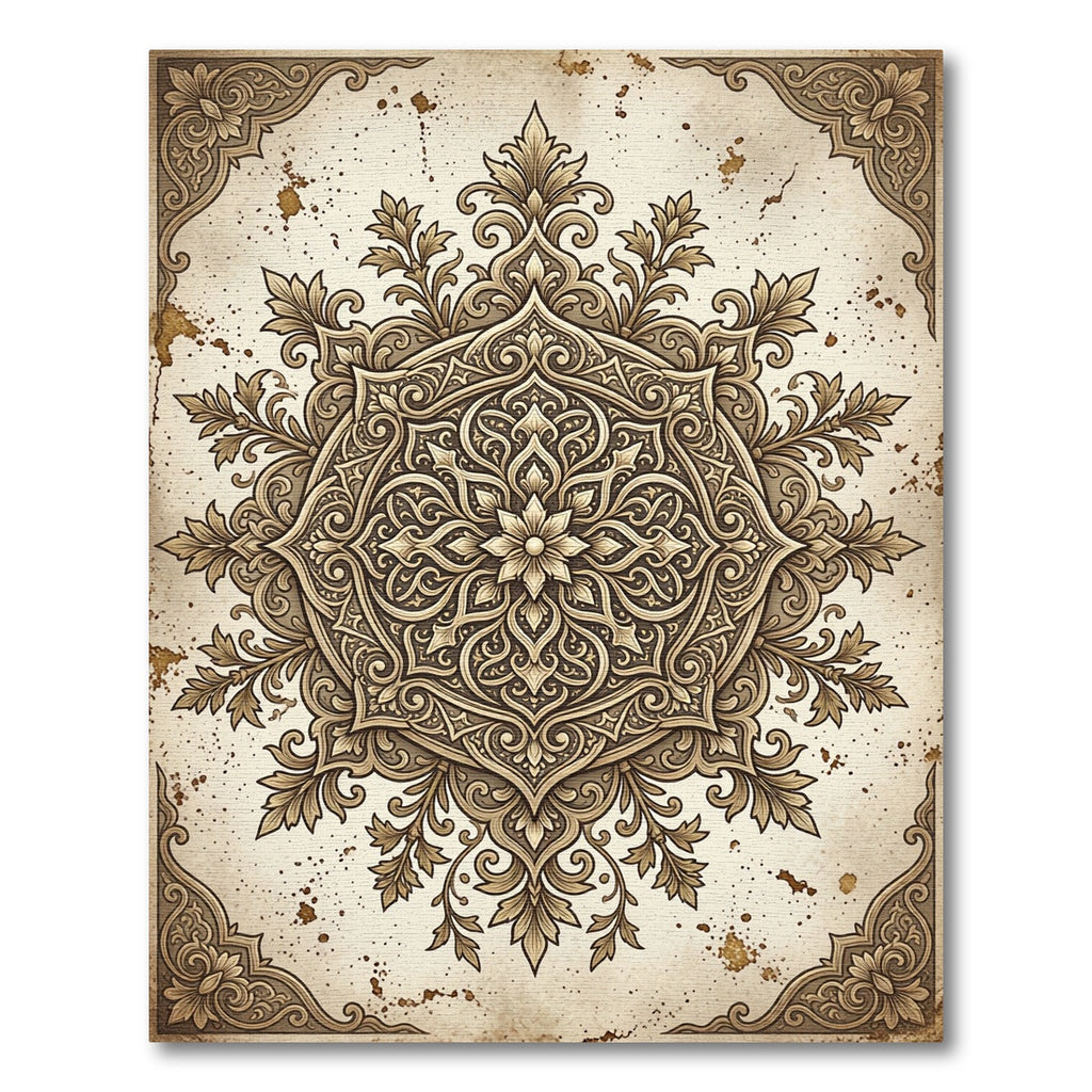 Ornate Tan Scrollwork Mandala Rug