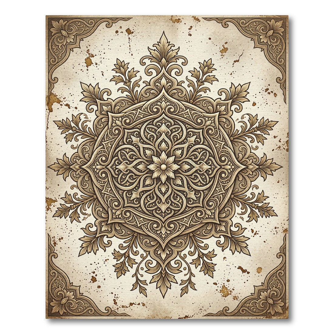 Ornate Tan Scrollwork Mandala Rug