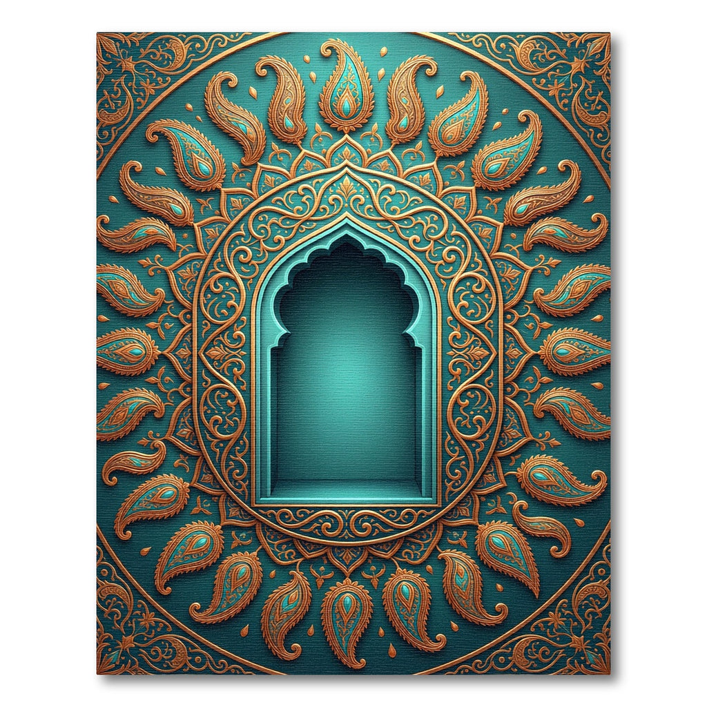 Teal Golden Paisley Arched Frame Rug