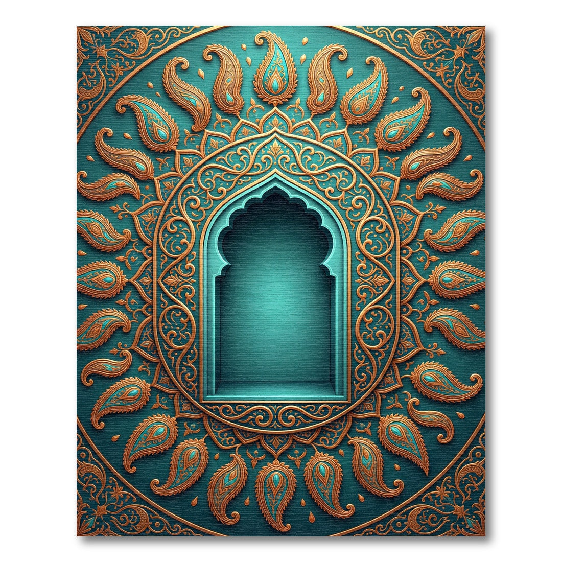 Teal Golden Paisley Arched Frame Rug