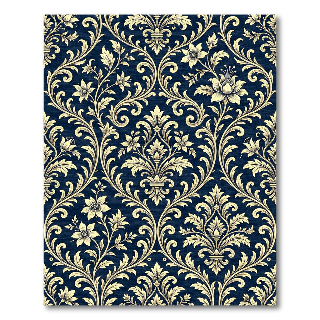Navy Blue Golden Ornate Damask Scroll Rug
