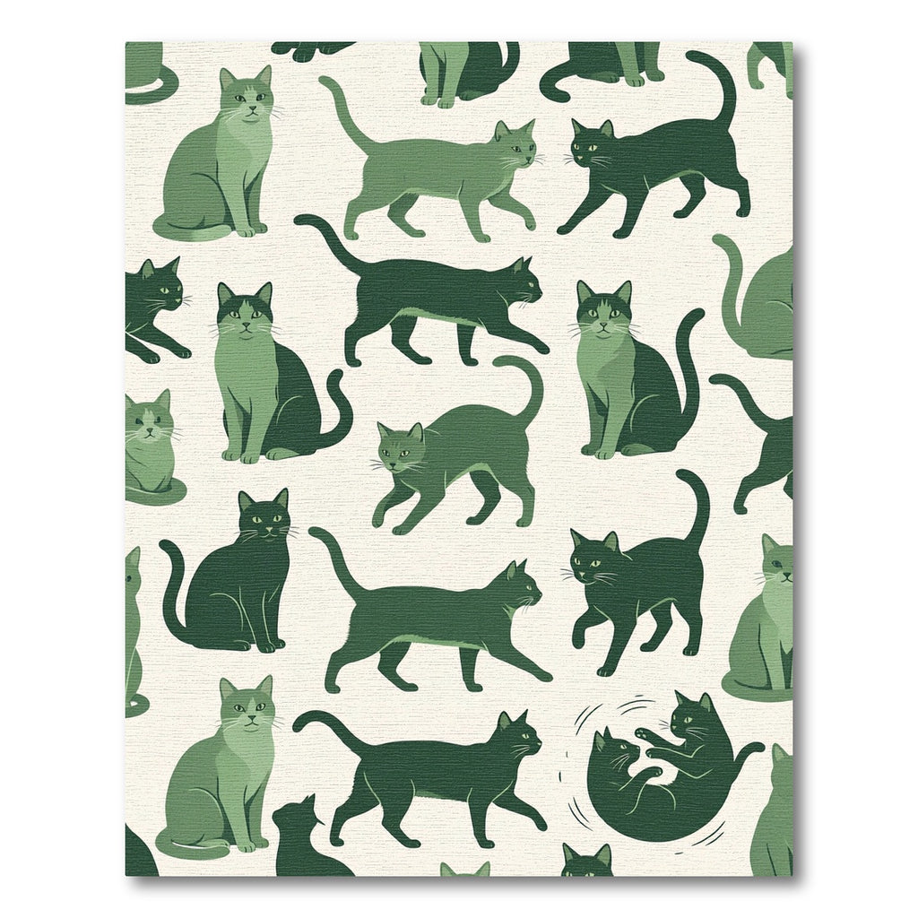 Whimsical Sage Green Playful Cat Illustration Rug
