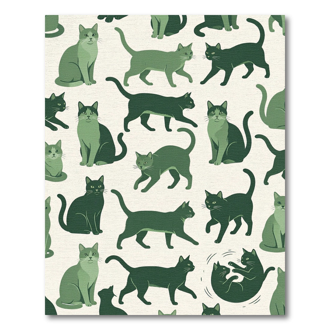Whimsical Sage Green Playful Cat Illustration Rug